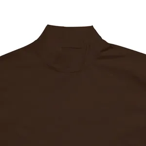 High-quality close-up showing the collar and stitching of a men's dark brown mock neck T-shirt