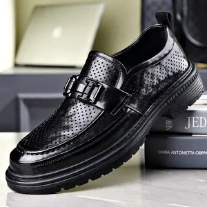 Men's Hollow Out Breathable Leather Shoes Slip-On Business Formal Casual Loafers With Metal Horsebit Detail Perforated Dress Shoes