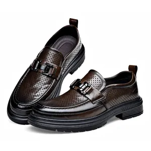 Men's breathable perforated coffee leather loafers with buckle for business formal wear