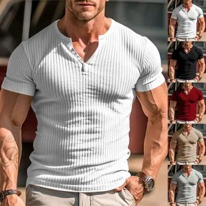Detailed view of white ribbed slim fit Henley t-shirt for men with multi-color variations