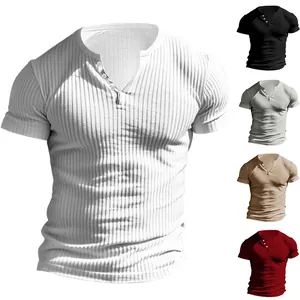Men's Heavyweight Henley T-Shirt Ribbed Knit Slim Fit Short Sleeve Casual Solid Color Summer Tee Top