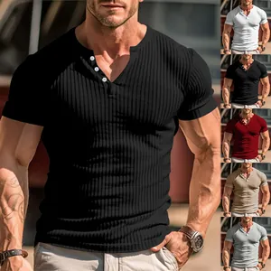Detailed view of ribbed slim fit Henley T-shirts for men in various colors and textures
