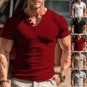 Detail of men's slim fit ribbed Henley T-shirt showing multiple color options and texture.