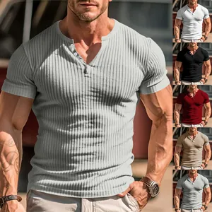 Detail view of men's slim fit ribbed Henley t-shirt in multiple color options