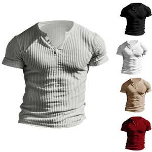 Detailed view of men's ribbed Henley shirts in multiple stylish colors for summer wear