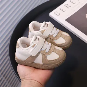 Cream and khaki toddler walking sneakers with hook-and-loop straps for boys and girls