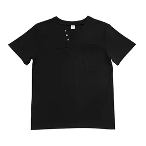 Schwarzes Kurzarm-Herren-T-Shirt mit Henley-V-Ausschnitt und praktischer Brusttasche, Slim Fit
