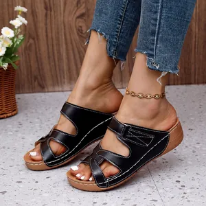 Sandalias de Cuña para Mujer Huecas de Cuero de Vaca Costuras en Contraste Chanclas Verano Casual Punta Abierta Plataforma Zapatillas de Playa
