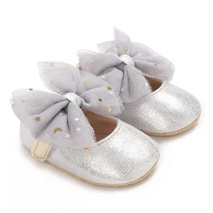 Glinsterende zilveren baby prinses schoenen met grote strik voor 0-1 jaar