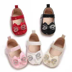 Toddler baby girl princess shoes with soft soles and rhinestone bows in five vibrant colors