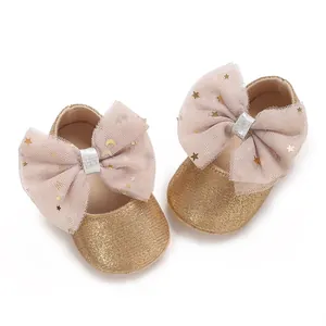 Glinsterende gouden babyschoentjes voor meisjes met roze tule strik en sterren 0-1 jaar