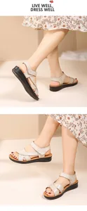 Close-up detail of beige genuine leather flat sandals for elderly and middle-aged women