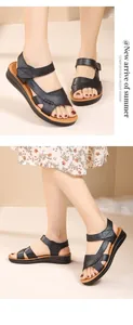 Comfortable black genuine leather flat sandals with adjustable straps for women