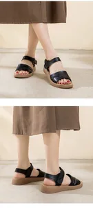 Cómodas sandalias de cuero genuino negro para mujer con suela de cuña antideslizante