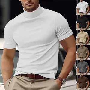 Men's slim-fit mock neck t-shirt shown in multiple color options for casual summer wear