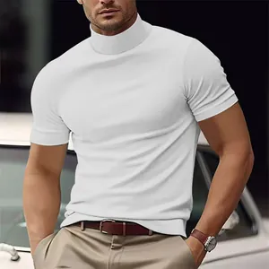 Premium men's slim-fit white mock neck short sleeve T-shirt, casual summer fashion style