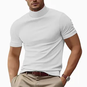 Detailed view of the premium white slim fit mock neck t-shirt for men showing fabric texture