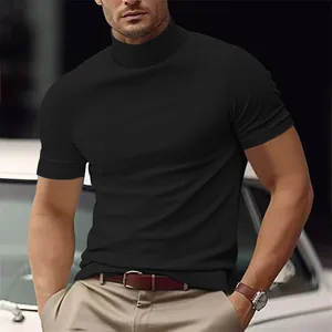 Detailed view of men's fashion black mock neck slim fit casual short sleeve t-shirt