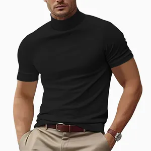 Detailed view of a men's black mock neck slim fit short sleeve t-shirt in casual style