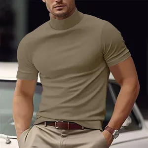 Detail showing the slim fit and mock neck design of this khaki men's casual T-shirt