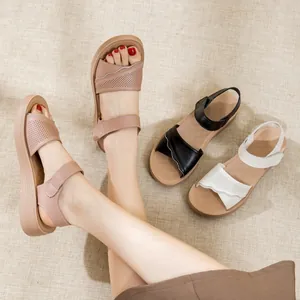 Sandalias de Cuero Genuino para Mujer Cómoda Suela Blanda Sandalias Planas Antideslizantes para Madre Anciana Verano Transpirables Zapatos de Strass Calados