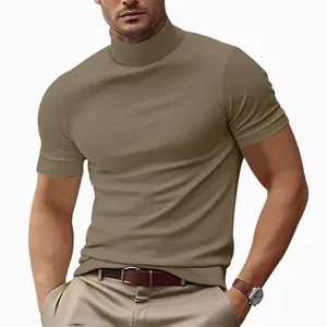 Slim fit men's mock neck T-shirt in khaki, showcasing the high-quality fabric texture.
