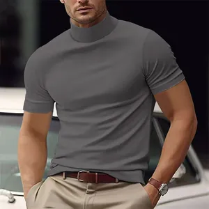 Close-up of men's slim fit grey mock neck T-shirt with high-quality fabric texture.