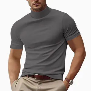 Close-up showing the premium stretch fabric and mock neck design of this men's grey T-shirt