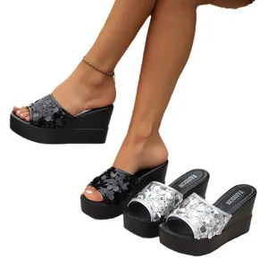 Elegant black and silver sequin wedge platform sandals for women summer fashion