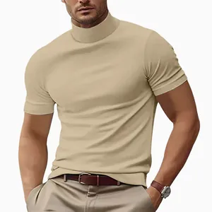 Close-up detail of a men's slim fit mock neck short sleeve t-shirt in khaki beige