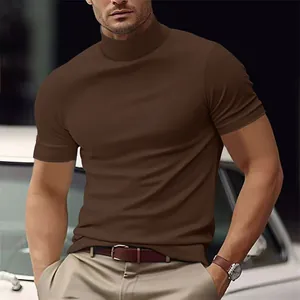 Detailed view of men's slim fit brown mock neck T-shirt in stylish lifestyle setting
