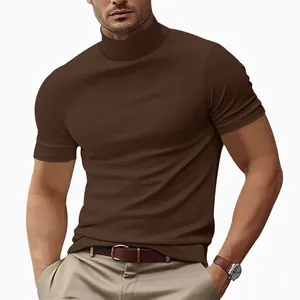 Close-up of a men's slim fit mock neck short sleeve T-shirt in solid brown color