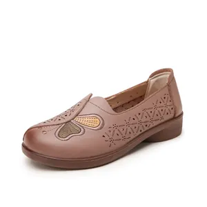 Comfortable brown leather loafers for women with butterfly embroidery and cut-out patterns