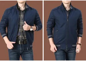 Giacca casual blu scuro da uomo con cerniera lampo e colletto alla coreana alla moda