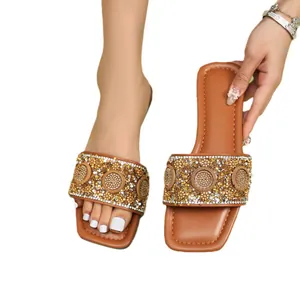 Elegante dames slippers met vierkante neus en fonkelende strass-bloempatronen voor de zomer