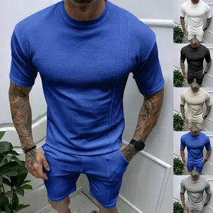 Heren Wafelstructuur Casual Sportpak Effen Kleur Ronde Hals Korte Mouw Top En Bottom Zomer Lichtgewicht Ademend Lounge Outfit