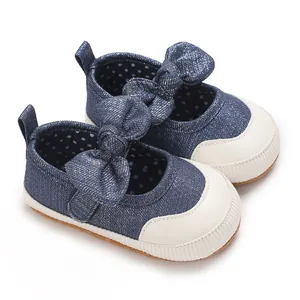 Navy glitter denim baby walking shoes with decorative bowknot and soft anti-slip rubber sole