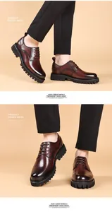Macro view of mahogany brown leather business casual shoes with thick black lugged soles