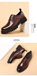 Detail view of brown genuine leather men's derby shoes with chunky lug soles