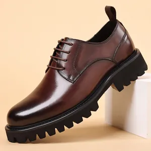 Men's Business Casual Shoes Top-layer Cowhide British Style Round Toe Height Increasing Thick Sole Leather Derby Shoes