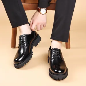 Premium men's genuine leather business casual shoes with thick lug soles in classic black