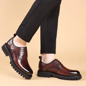 Men's brown genuine leather business casual derby shoes with thick lug sole platform