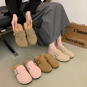 Women Casual Backless Clogs Mules With Adjustable Buckle Cloth Upper Suede-Like Texture Thick Sole Cushion Slip-On Half Slippers