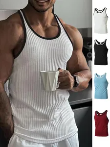 Canotta Sportiva da Uomo in Maglia a Costine Estiva Slim Fit Dorso a Vogatore Bordo in Colore a Contrasto Allenamento