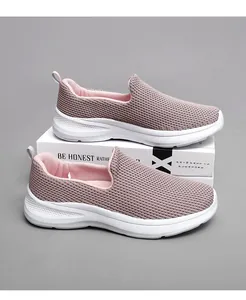 Detailed side view of purple breathable fly-knit mesh slip-on walking loafers for women