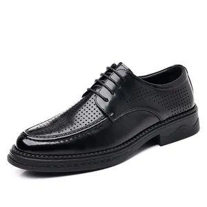 Klassische schwarze atmungsaktive Leder-Business-Schuhe für Herren mit hohlem Design für Sommer