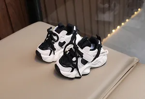 Breathable black and white mesh sports sneakers for toddlers and young children
