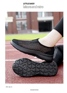 Detail of black mesh breathable slip-on shoes for women, showing sole and upper textures