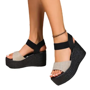 Stylish women's summer wedge sandals with linen strap and black rope-textured platform
