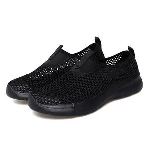 Lightweight breathable black mesh slip-on sneakers for women with flexible soft rubber soles